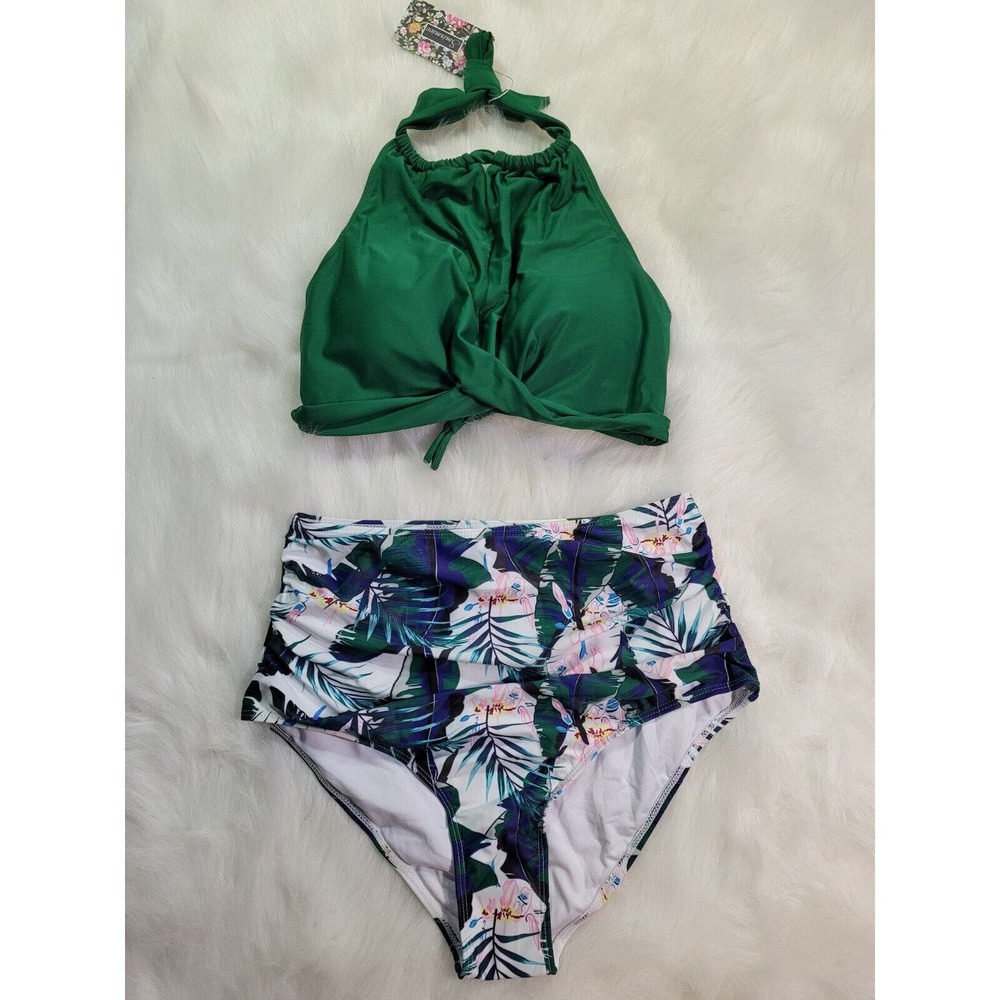 Smismivo Womens High Neck Ruched Bottoms Two Piece Bikini Set, XL NWT